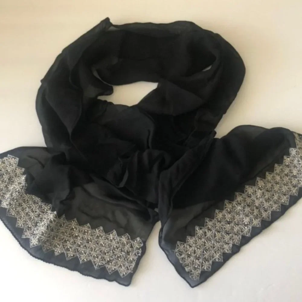 Scarf Black Sheer Wrap Beaded Ends New